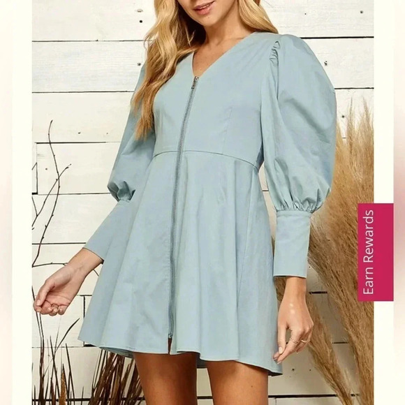 Sweet Lemon • Dusty Blue Zippered Puff Sleeve Mini Dress - Picture 1 of 10